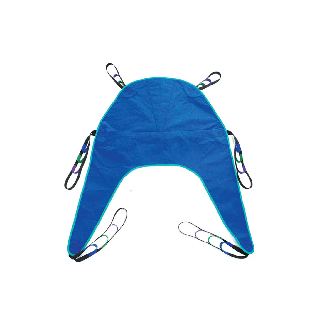 Rhythm Slings For Patient Lifts: Blue fabric sling with two long leg straps, two short arm straps, each with multicolored loops for attachment. Designed for patient lifts. Warranty info and specs available on request.